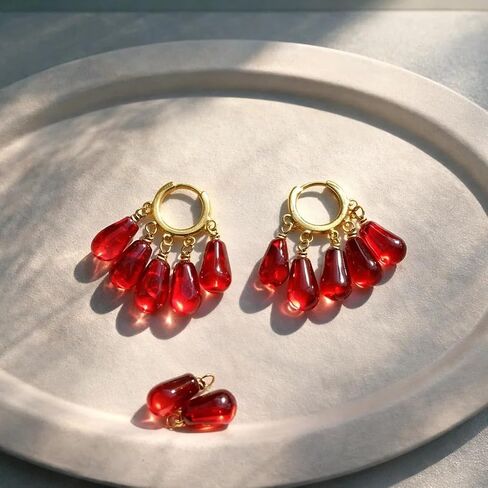 Pomegranate Hoop Earrings for Women, 14K Gold Plated Stainless Steel Hoops with Glass Seed Charms, Hypoallergenic Dangling Earrings Jewelry Gifts in Saudi Arabia