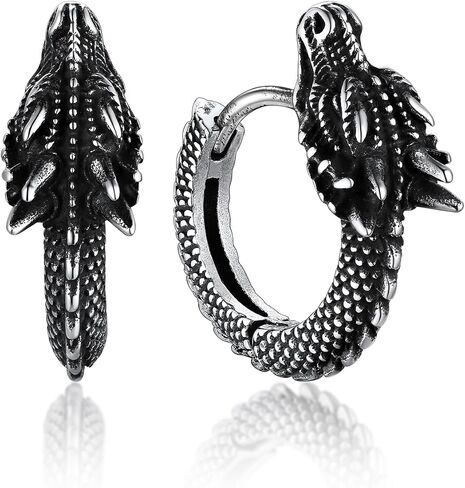 Bandmax Dragon Huggie Earrings for Men Women Stainless Steel/Silver Hypoallergenic Retro Style Punk Hoop Earrings, Gift Packed in Saudi Arabia