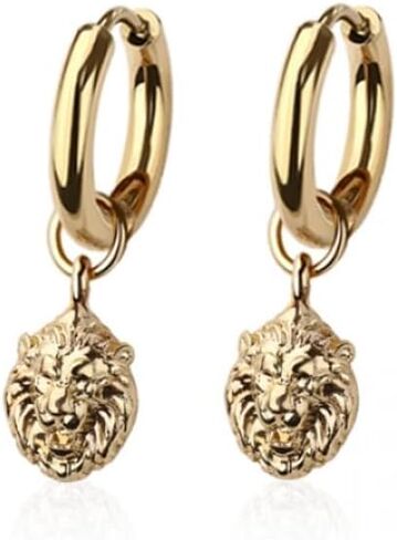 316L Stainless Steel Lion Head Dangling Huggie Hoop Earrings, Sold as a Pair in Saudi Arabia