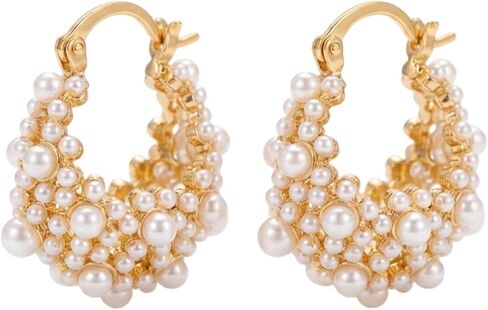 Flower Pearl Hoop Earrings for Women Chunky Gold Pearl Earrings Small Pearl Cluster Earrings Jewelry for Women in Saudi Arabia