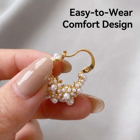 Flower Pearl Hoop Earrings for Women Chunky Gold Pearl Earrings Small Pearl Cluster Earrings Jewelry for Women in Saudi Arabia