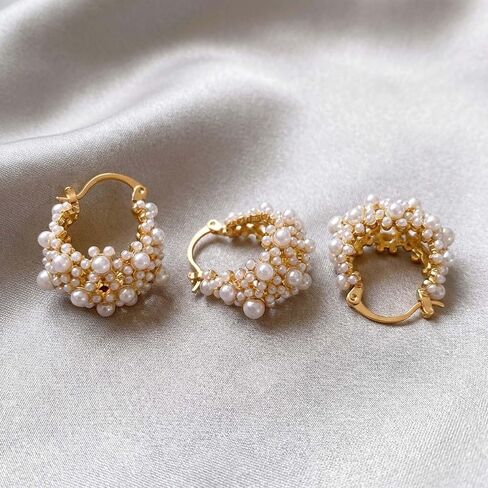 Flower Pearl Hoop Earrings for Women Chunky Gold Pearl Earrings Small Pearl Cluster Earrings Jewelry for Women in Saudi Arabia