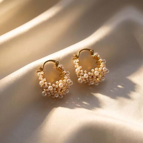 Flower Pearl Hoop Earrings for Women Chunky Gold Pearl Earrings Small Pearl Cluster Earrings Jewelry for Women in Saudi Arabia