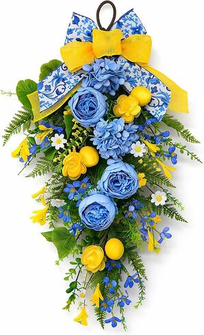 28" Summer Lemon Teardrop Swag Lemon Wreath for Front Door, Blue Yellow Floral Swag Wall Decor with Bow, Farmhouse Artificial Flower Door Hanging for Home Kitchen Porch Outdoor Summer Decoration in Saudi Arabia