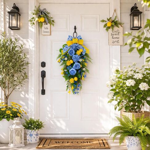 28" Summer Lemon Teardrop Swag Lemon Wreath for Front Door, Blue Yellow Floral Swag Wall Decor with Bow, Farmhouse Artificial Flower Door Hanging for Home Kitchen Porch Outdoor Summer Decoration in Saudi Arabia
