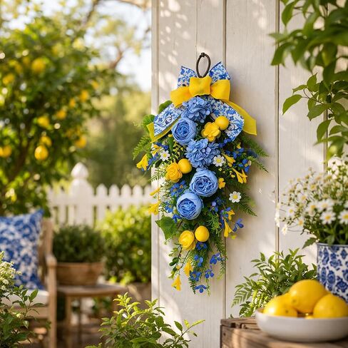 28" Summer Lemon Teardrop Swag Lemon Wreath for Front Door, Blue Yellow Floral Swag Wall Decor with Bow, Farmhouse Artificial Flower Door Hanging for Home Kitchen Porch Outdoor Summer Decoration in Saudi Arabia