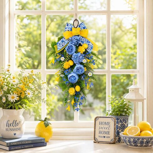 28" Summer Lemon Teardrop Swag Lemon Wreath for Front Door, Blue Yellow Floral Swag Wall Decor with Bow, Farmhouse Artificial Flower Door Hanging for Home Kitchen Porch Outdoor Summer Decoration in Saudi Arabia