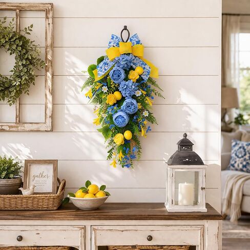 28" Summer Lemon Teardrop Swag Lemon Wreath for Front Door, Blue Yellow Floral Swag Wall Decor with Bow, Farmhouse Artificial Flower Door Hanging for Home Kitchen Porch Outdoor Summer Decoration in Saudi Arabia