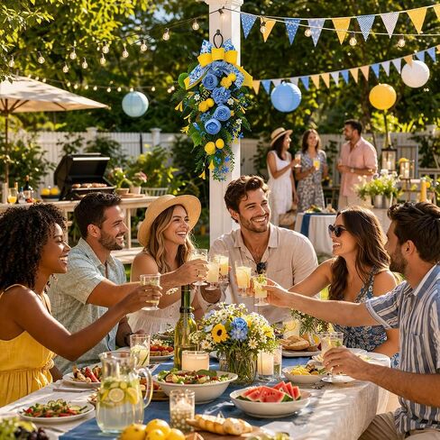 28" Summer Lemon Teardrop Swag Lemon Wreath for Front Door, Blue Yellow Floral Swag Wall Decor with Bow, Farmhouse Artificial Flower Door Hanging for Home Kitchen Porch Outdoor Summer Decoration in Saudi Arabia