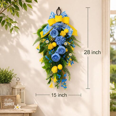 28" Summer Lemon Teardrop Swag Lemon Wreath for Front Door, Blue Yellow Floral Swag Wall Decor with Bow, Farmhouse Artificial Flower Door Hanging for Home Kitchen Porch Outdoor Summer Decoration in Saudi Arabia