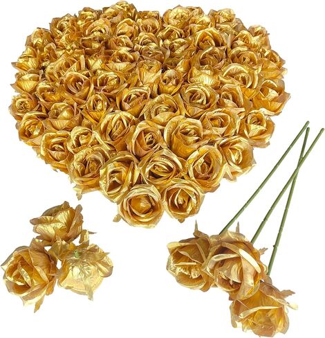 Fake Flower Heads for Craft,2.5'' Gold Rose Heads Artificial Flowers,54 Pcs Silk Rose Heads Bulk,Satin Rose Heads with Stems for DIY Flower Well,Crafts Bouquest(54, Gold) in Saudi Arabia