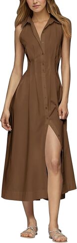 Lauweion Womens Button Down Striped Shirt Maxi Dress Slim Fitted Cinched Waist Summer Sleeveless Cotton Long Dresses in Saudi Arabia