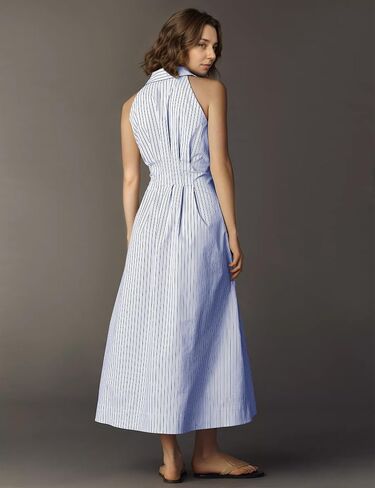 Lauweion Womens Button Down Striped Shirt Maxi Dress Slim Fitted Cinched Waist Summer Sleeveless Cotton Long Dresses in Saudi Arabia