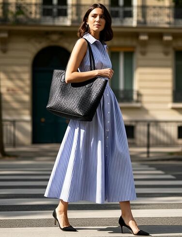 Lauweion Womens Button Down Striped Shirt Maxi Dress Slim Fitted Cinched Waist Summer Sleeveless Cotton Long Dresses in Saudi Arabia