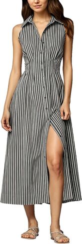 Lauweion Womens Button Down Striped Shirt Maxi Dress Slim Fitted Cinched Waist Summer Sleeveless Cotton Long Dresses in Saudi Arabia