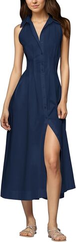 Lauweion Womens Button Down Striped Shirt Maxi Dress Slim Fitted Cinched Waist Summer Sleeveless Cotton Long Dresses in Saudi Arabia