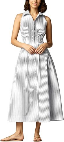 Lauweion Womens Button Down Striped Shirt Maxi Dress Slim Fitted Cinched Waist Summer Sleeveless Cotton Long Dresses in Saudi Arabia