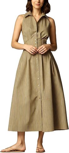 Lauweion Womens Button Down Striped Shirt Maxi Dress Slim Fitted Cinched Waist Summer Sleeveless Cotton Long Dresses in Saudi Arabia