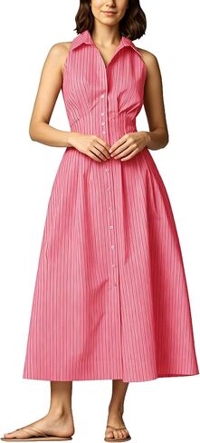 Lauweion Womens Button Down Striped Shirt Maxi Dress Slim Fitted Cinched Waist Summer Sleeveless Cotton Long Dresses in Saudi Arabia
