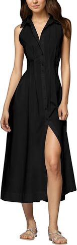 Lauweion Womens Button Down Striped Shirt Maxi Dress Slim Fitted Cinched Waist Summer Sleeveless Cotton Long Dresses in Saudi Arabia