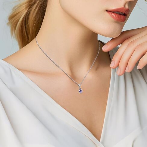 Tiny Silver Birthstone Necklace for Women | 5MM Crystal Pendant Necklace, Dainty Round Gemstone Jewelry - Like Gifts for Birthdays, Sensitive Skin & Lavender Lovers in Saudi Arabia