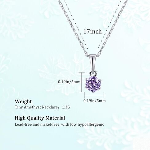 Tiny Silver Birthstone Necklace for Women | 5MM Crystal Pendant Necklace, Dainty Round Gemstone Jewelry - Like Gifts for Birthdays, Sensitive Skin & Lavender Lovers in Saudi Arabia