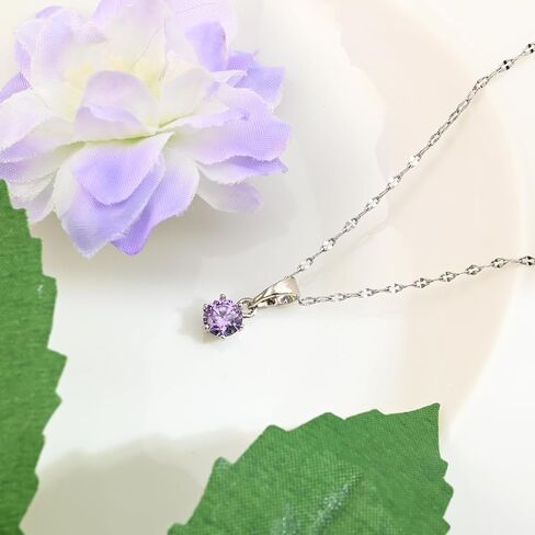 Tiny Silver Birthstone Necklace for Women | 5MM Crystal Pendant Necklace, Dainty Round Gemstone Jewelry - Like Gifts for Birthdays, Sensitive Skin & Lavender Lovers in Saudi Arabia