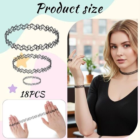 9 Pcs Tattoo Choker Necklace Bracelet Ring Set Tattoo Stretch Collection Gothic Choker Necklaces Y2K Fashion Vintage Elastic Neck Lace Stretchy Tattoos Effect Accessories for Women in Saudi Arabia