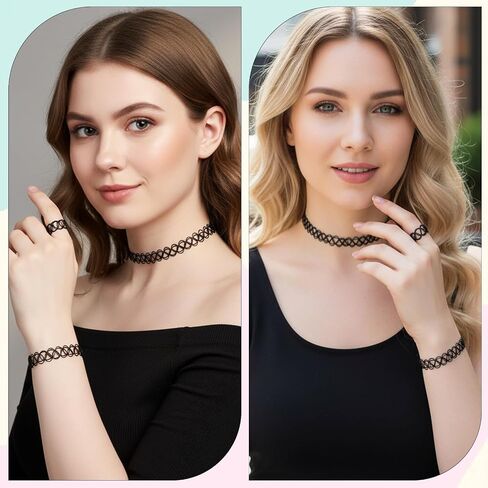 9 Pcs Tattoo Choker Necklace Bracelet Ring Set Tattoo Stretch Collection Gothic Choker Necklaces Y2K Fashion Vintage Elastic Neck Lace Stretchy Tattoos Effect Accessories for Women in Saudi Arabia