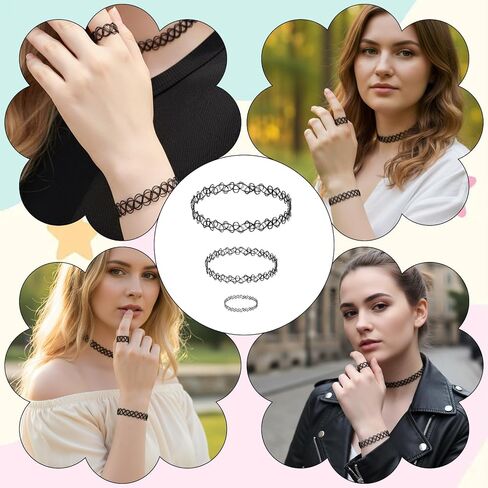 9 Pcs Tattoo Choker Necklace Bracelet Ring Set Tattoo Stretch Collection Gothic Choker Necklaces Y2K Fashion Vintage Elastic Neck Lace Stretchy Tattoos Effect Accessories for Women in Saudi Arabia