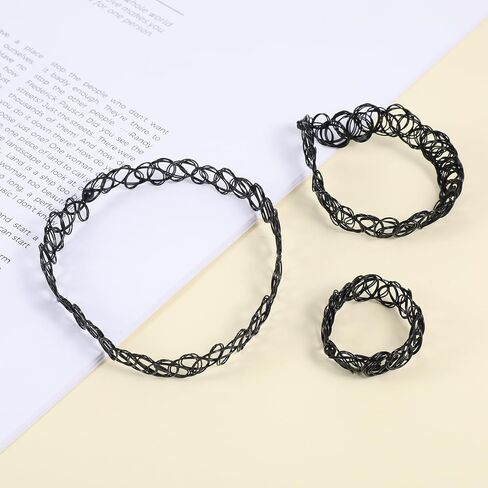 9 Pcs Tattoo Choker Necklace Bracelet Ring Set Tattoo Stretch Collection Gothic Choker Necklaces Y2K Fashion Vintage Elastic Neck Lace Stretchy Tattoos Effect Accessories for Women in Saudi Arabia