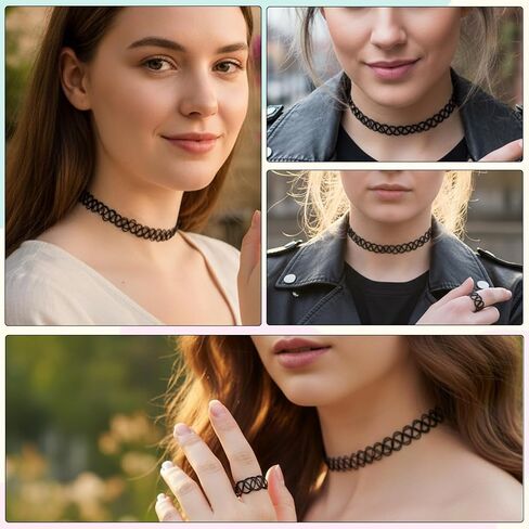 9 Pcs Tattoo Choker Necklace Bracelet Ring Set Tattoo Stretch Collection Gothic Choker Necklaces Y2K Fashion Vintage Elastic Neck Lace Stretchy Tattoos Effect Accessories for Women in Saudi Arabia