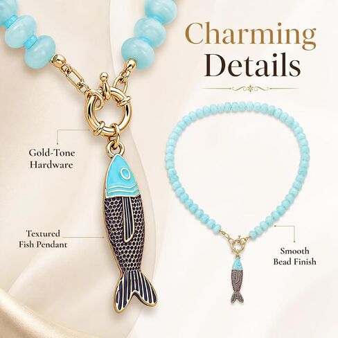 Fish Pendant Beaded Necklace For Women, Color Acrylic Resin Bead Boho Drip Oil Marine Animal Pendant Necklaces Summer Charm Trendy Gift Jewelry ﻿ ﻿ in Kuwait