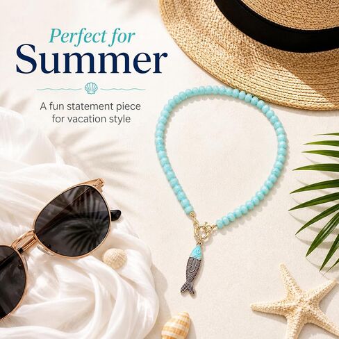 Fish Pendant Beaded Necklace For Women, Color Acrylic Resin Bead Boho Drip Oil Marine Animal Pendant Necklaces Summer Charm Trendy Gift Jewelry ﻿ ﻿ in Kuwait