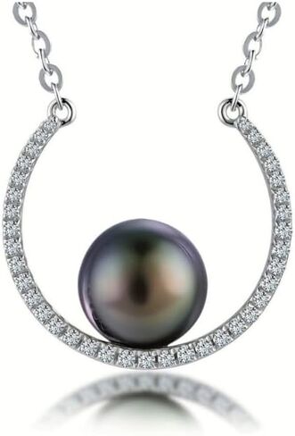 Lunar Belle 925 Silver Tahitian Black Pearl Pendant Necklace with Moissanite Halo, Gift for Wife Mother's Day Anniversary (Ocean Crescent) in Saudi Arabia