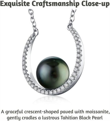 Lunar Belle 925 Silver Tahitian Black Pearl Pendant Necklace with Moissanite Halo, Gift for Wife Mother's Day Anniversary (Ocean Crescent) in Saudi Arabia