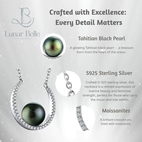 Lunar Belle 925 Silver Tahitian Black Pearl Pendant Necklace with Moissanite Halo, Gift for Wife Mother's Day Anniversary (Ocean Crescent) in Saudi Arabia