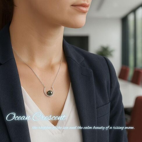 Lunar Belle 925 Silver Tahitian Black Pearl Pendant Necklace with Moissanite Halo, Gift for Wife Mother's Day Anniversary (Ocean Crescent) in Saudi Arabia