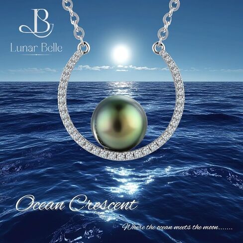Lunar Belle 925 Silver Tahitian Black Pearl Pendant Necklace with Moissanite Halo, Gift for Wife Mother's Day Anniversary (Ocean Crescent) in Saudi Arabia