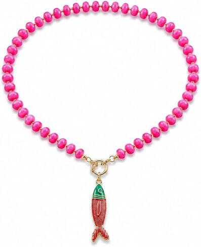 Fish Pendant Beaded Necklace For Women, Color Acrylic Resin Bead Boho Drip Oil Marine Animal Pendant Necklaces Summer Charm Trendy Gift Jewelry ﻿ ﻿ in Kuwait