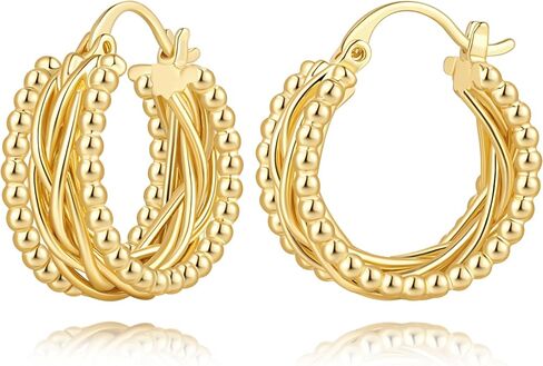 Gold Hoop Earrings for Women 14K Gold Hoop Earrings for Women 14K Gold Beads Hoops Earring for Womens Sculptural Twisted Design Womens Hoops Earring 23mm in Saudi Arabia