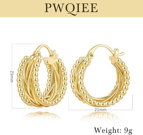 Gold Hoop Earrings for Women 14K Gold Hoop Earrings for Women 14K Gold Beads Hoops Earring for Womens Sculptural Twisted Design Womens Hoops Earring 23mm in Saudi Arabia