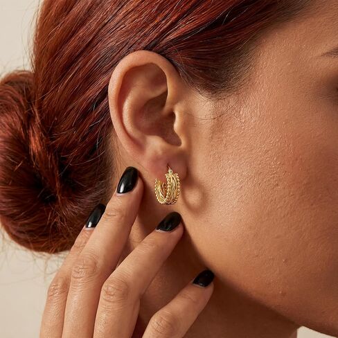 Gold Hoop Earrings for Women 14K Gold Hoop Earrings for Women 14K Gold Beads Hoops Earring for Womens Sculptural Twisted Design Womens Hoops Earring 23mm in Saudi Arabia