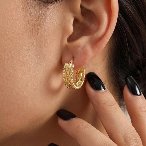 Gold Hoop Earrings for Women 14K Gold Hoop Earrings for Women 14K Gold Beads Hoops Earring for Womens Sculptural Twisted Design Womens Hoops Earring 23mm in Saudi Arabia
