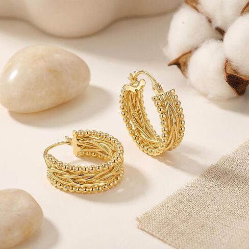 Gold Hoop Earrings for Women 14K Gold Hoop Earrings for Women 14K Gold Beads Hoops Earring for Womens Sculptural Twisted Design Womens Hoops Earring 23mm in Saudi Arabia