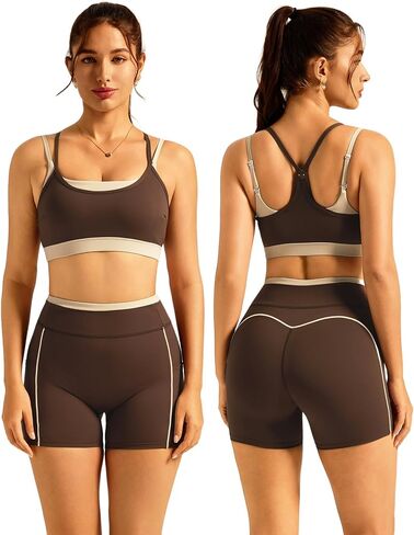 ABOCIW Double Layer Workout Sets for Women 2 Piece Sports Bra High Waist Biker Shorts with Pocket Yoga Pialtes Outfits in Kuwait