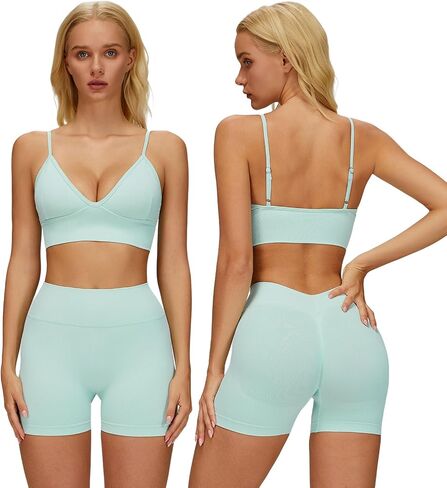 Seamless Workout Sets for Women 2 Piece Gym Sets Strappy Sports Bras Scrunch Butt Impact Shorts Running Yoga Pilates Outfits in Kuwait