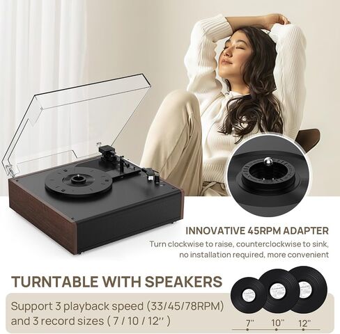 Vinyl Record Player Bluetooth Wireless Turntable with Built-in Speakers High Fidelity and 3 Speed Belt-Driven Vintage Phonograph Record Player with Magnetic Cartridge, RCA Out, Aux in, Headphone Jack in Kuwait