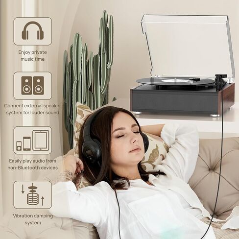 Vinyl Record Player Bluetooth Wireless Turntable with Built-in Speakers High Fidelity and 3 Speed Belt-Driven Vintage Phonograph Record Player with Magnetic Cartridge, RCA Out, Aux in, Headphone Jack in Kuwait