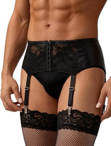 ohyeahlady Men's Faux Leather Garter Belt High Waist Lace Trim Suspenders with 6 Straps Metal Clips for Thigh High Stockings in Kuwait